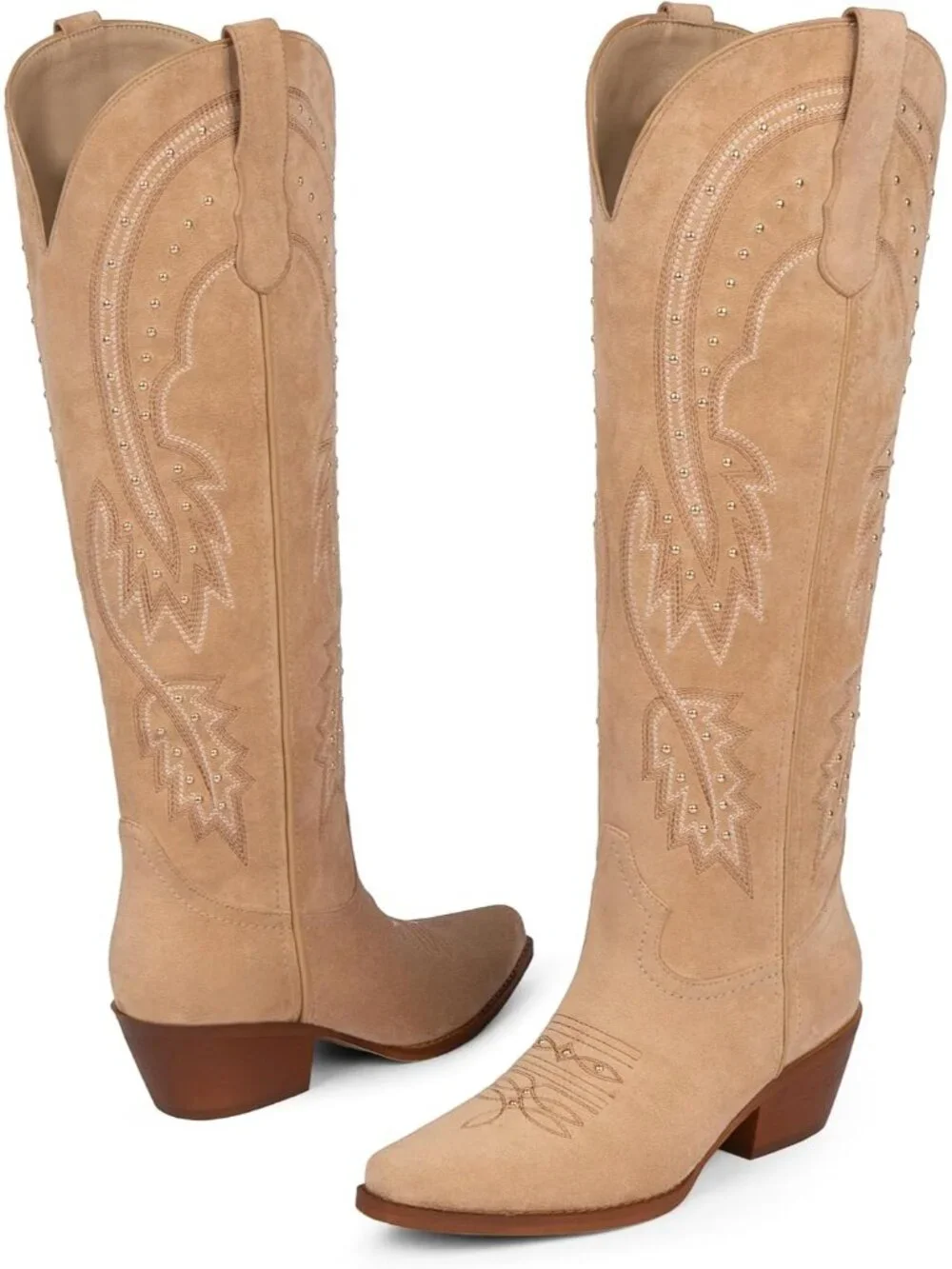 Women's Suede Tan Knee High Cowgirl Boots Pointed Toe Slip on Chunky Heel